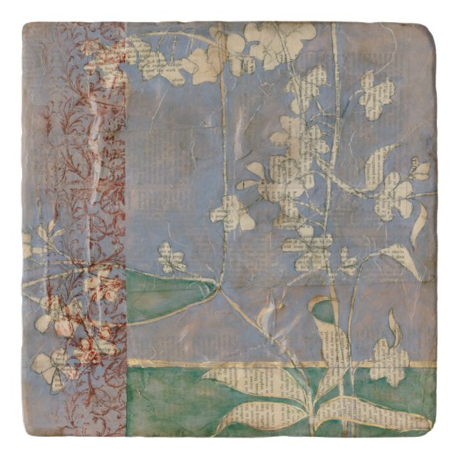 White Flowers on Newsprint Background Trivet (Front)