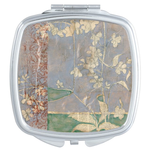 White Flowers on Newsprint Background Vanity Mirror (Front)