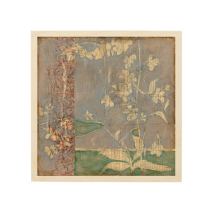 White Flowers on Newsprint Background Wood Wall Decor