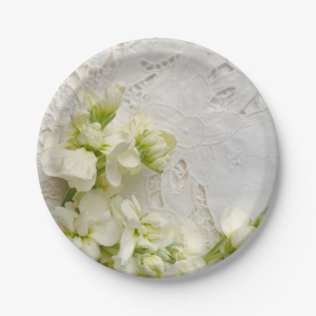 White flowers on old lace paper plates (Front)
