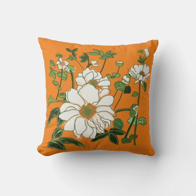 White Flowers on Orange Throw Pillow (Front)