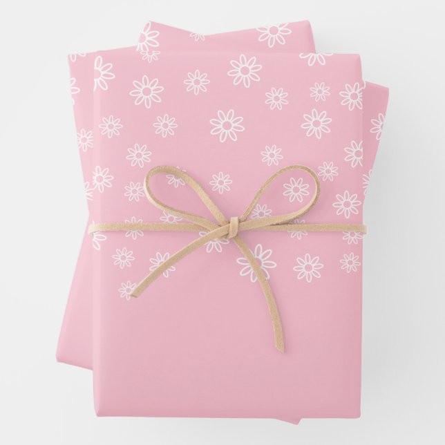 White Flowers on Pastel Pink Wrapping Paper Sheets (In situ)