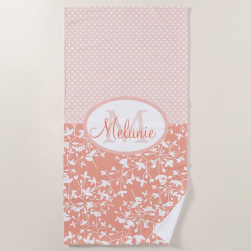 White Flowers on Peach and Polka Dots Monogrammed Beach Towel