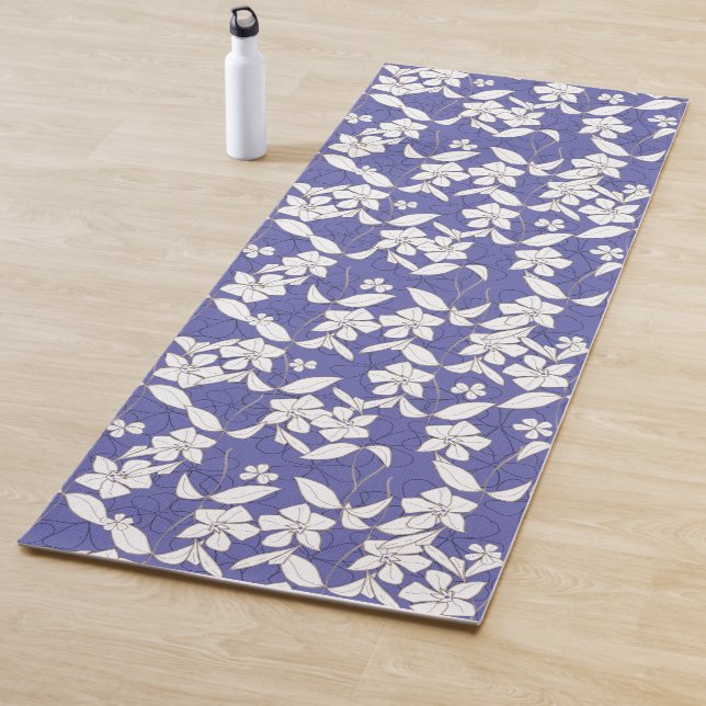 White Flowers on Periwinkle Lavender Yoga Mat (In Situ)