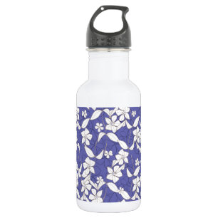 White Flowers on Periwinkle Stainless Steel Water Bottle