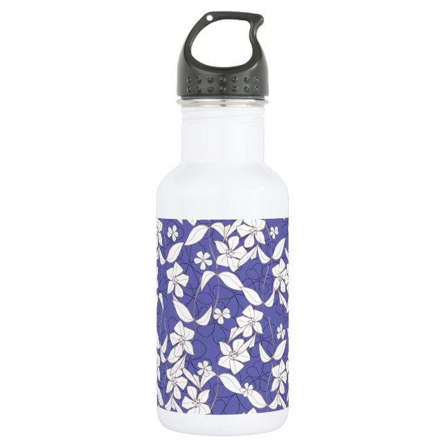 White Flowers on Periwinkle Stainless Steel Water Bottle (Front)