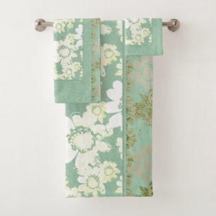 White Flowers on Sea-green Bath towels