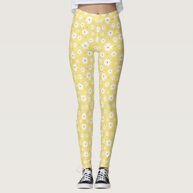 White Flowers on Sunny Yellow Background Leggings (Front)