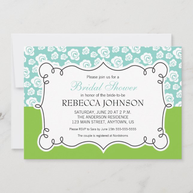 White Flowers on Teal & Green Bridal Shower Invitation (Front)