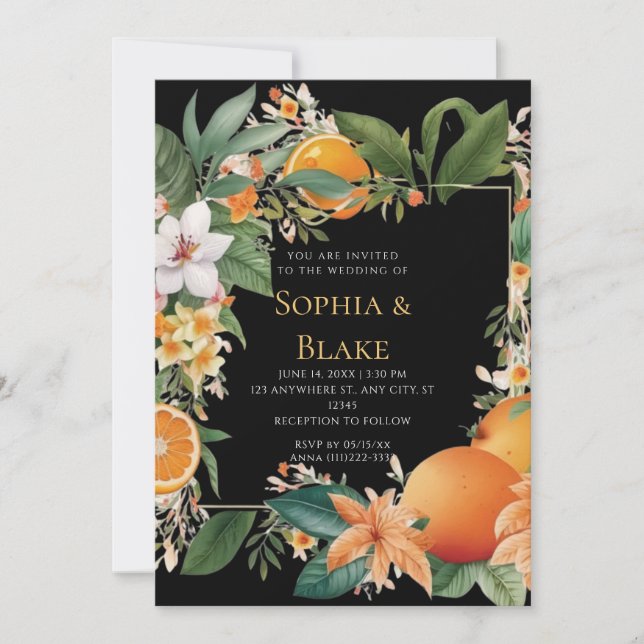 White Flowers, Oranges and Greenery Black Wedding Invitation (Front)