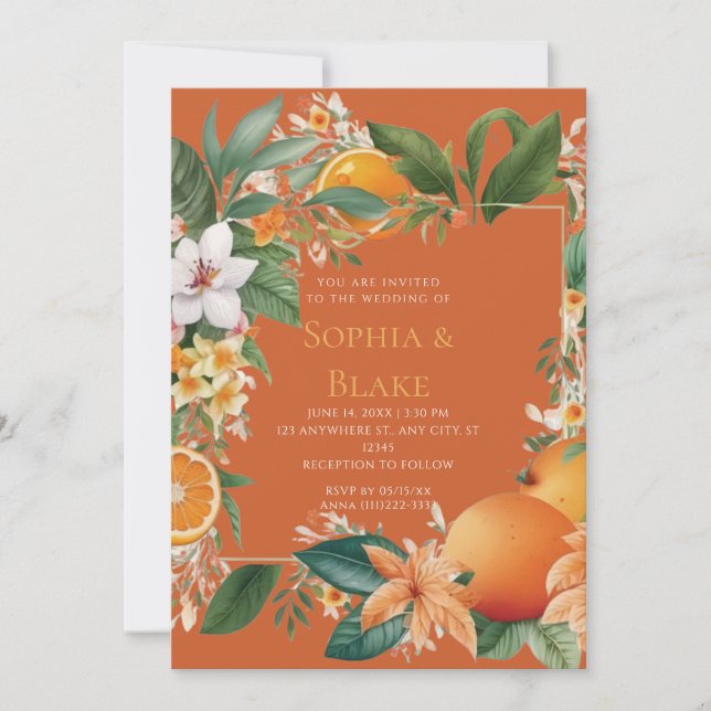 White Flowers, Oranges and Greenery Orange Wedding Invitation (Front)