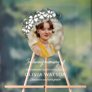 White Flowers Oval Photo In Loving Memory Acrylic Sign