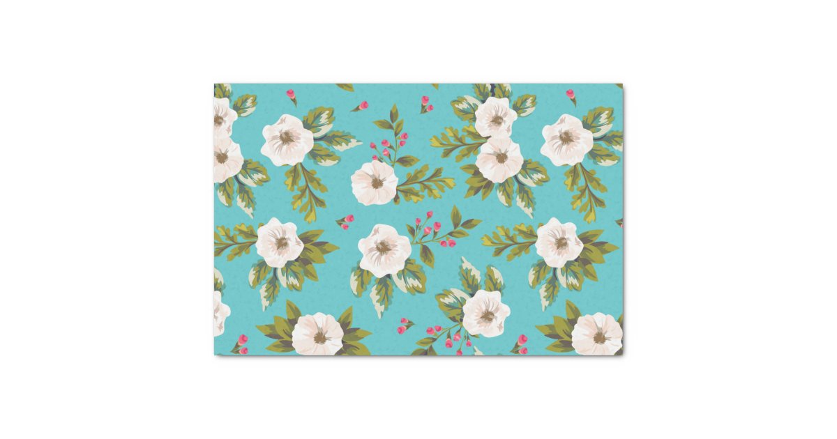 White Flowers Painting On Turquoise Background Tissue Paper