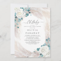 White Flowers Pampas Grass Baby Shower Invitation