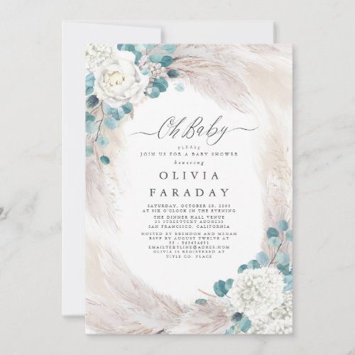 White Flowers Pampas Grass Baby Shower Invitation