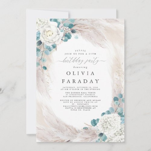 White Flowers Pampas Grass Birthday Invitation