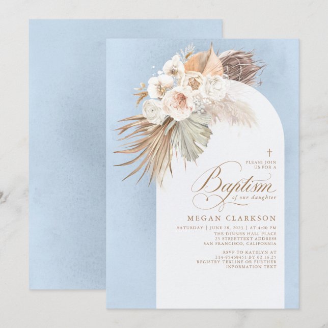 White Flowers Pampas Grass Boho Blue Baptism Invitation (Front/Back)