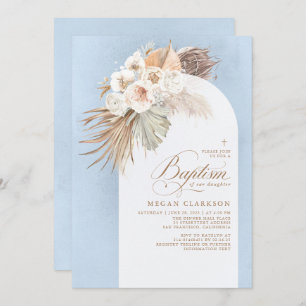White Flowers Pampas Grass Boho Blue Baptism Invitation