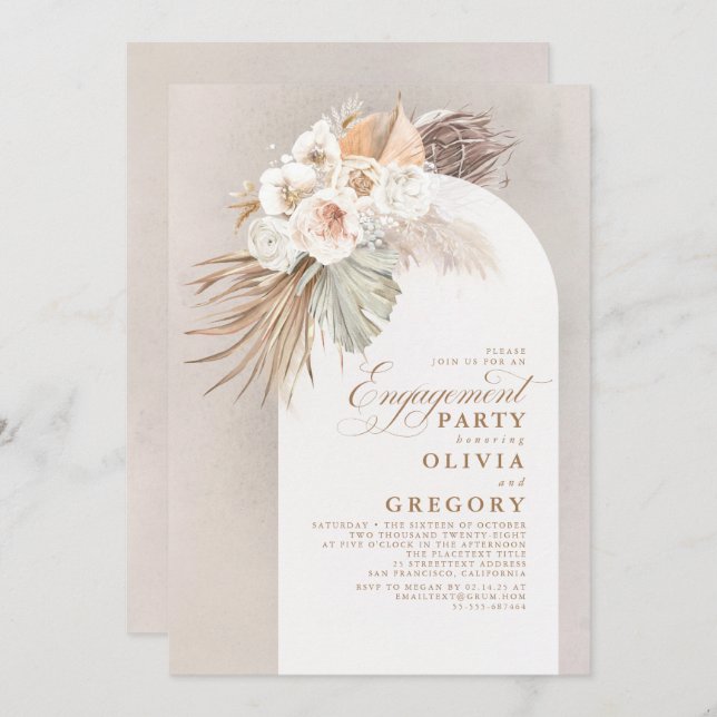 White Flowers Pampas Grass Boho Engagement Party Invitation (Front/Back)
