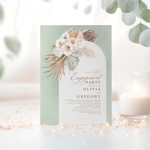 White Flowers Pampas Grass Boho Engagement Party Invitation