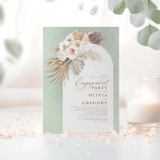 White Flowers Pampas Grass Boho Engagement Party Invitation (Sage Boho Engagement Party Invitations)
