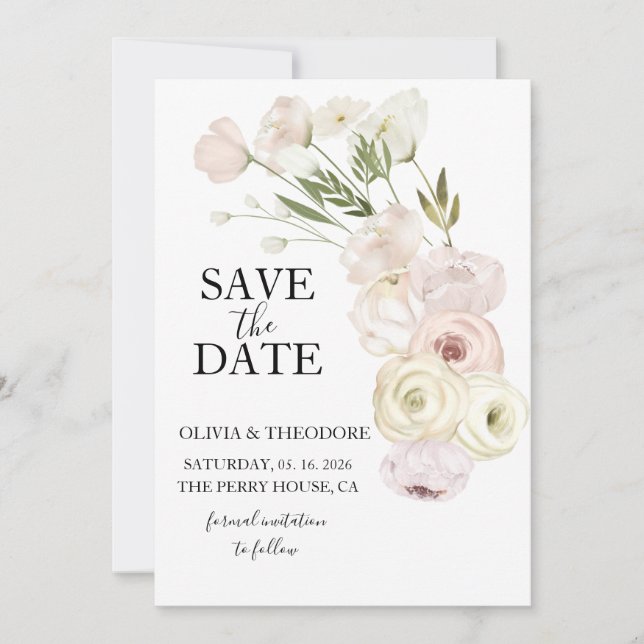 White Flowers Pampas Grass Greenery Succulent Save The Date (Front)