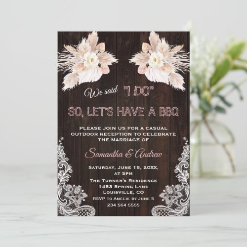 White Flowers Pampas Grass Lace Wood I DO BBQ  Invitation
