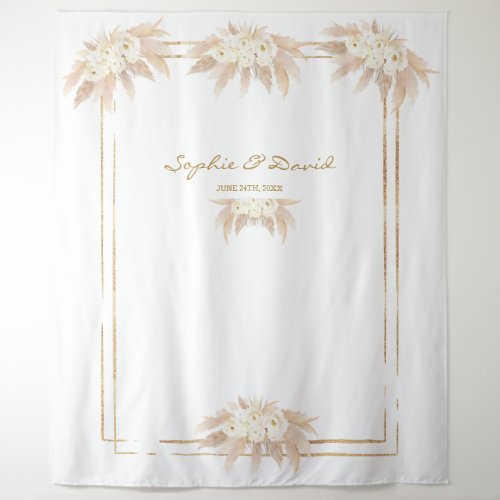 White Flowers Pampas Grass Photo Booth Wedding Tapestry
