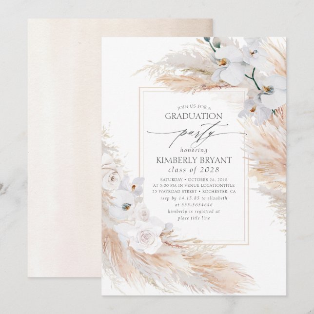White Flowers Pampas Grass Southern Graduation Invitation (Front/Back)