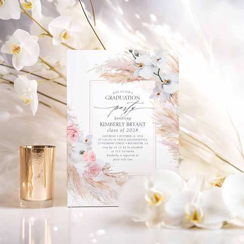 White Flowers Pampas Grass Southern Graduation Invitation