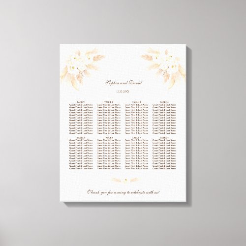 White Flowers Pampas Grass Wedding Seating Chart Canvas Print