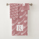 White flowers pattern and monogram dusty rose  bath towel set