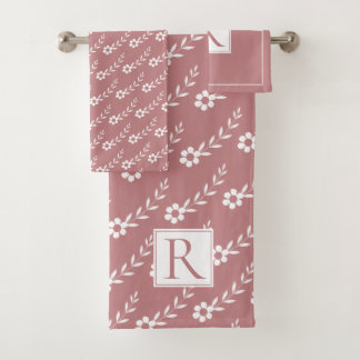 White flowers pattern and monogram dusty rose  bath towel set