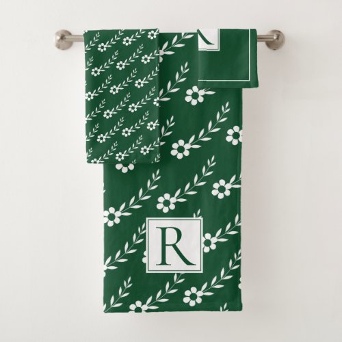 White flowers pattern and monogram emerald green bath towel set