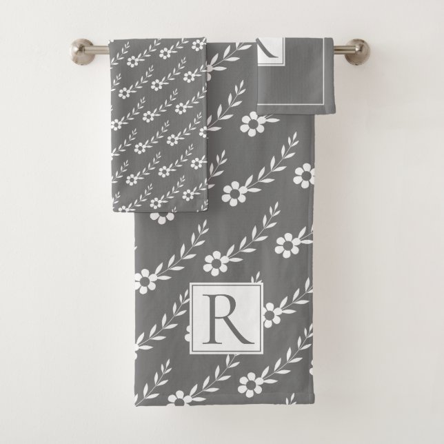 White flowers pattern and monogram gray bath towel set (Insitu)