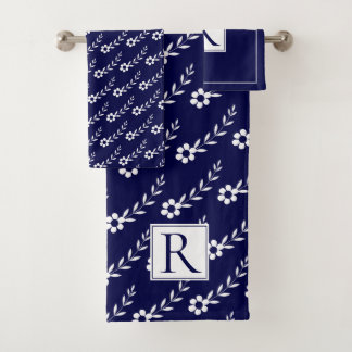 White flowers pattern and monogram navy blue  bath towel set