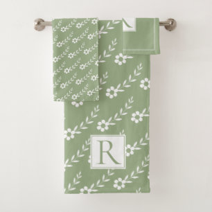 White flowers pattern and monogram sage green bath towel set