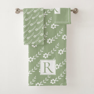 White flowers pattern and monogram sage green  bath towel set