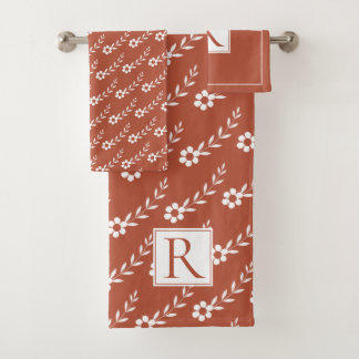 White flowers pattern and monogram terracotta bath towel set