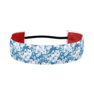 white flowers pattern, blue background, athletic headband