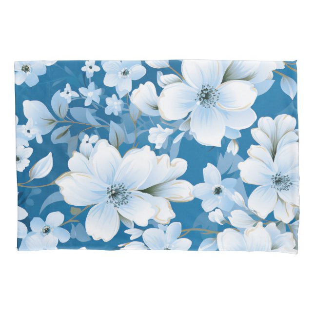 white flowers pattern, blue background, pillow case (Front)