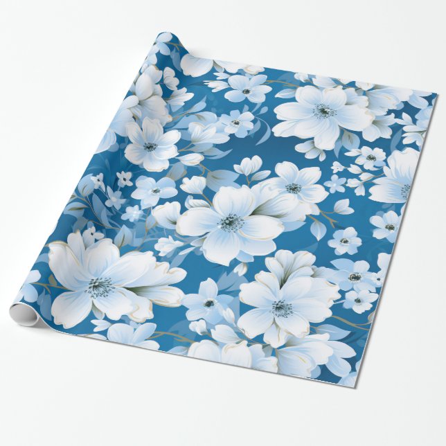 white flowers pattern, blue background, wrapping paper (Unrolled)