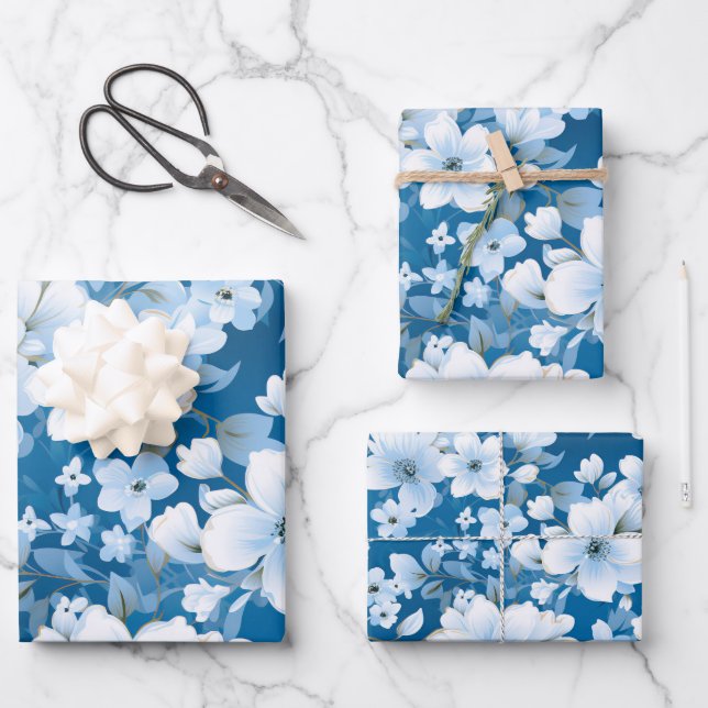 white flowers pattern, blue background, wrapping paper sheets (Front)