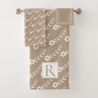 White flowers pattern, monogram rustic taupe bath towel set