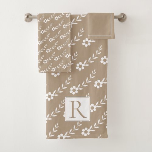 White flowers pattern monogram rustic taupe bath towel set