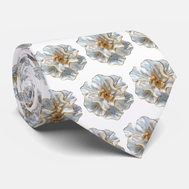 White Flowers Pattern Neck Tie (Rolled)
