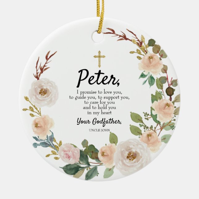 White Flowers Personalised Promise to Godchild Cer Ceramic Ornament (Front)