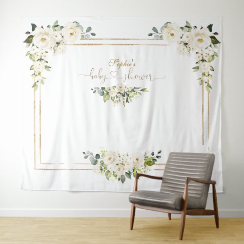 White Flowers Photo Booth Baby Shower Calligraphy Tapestry