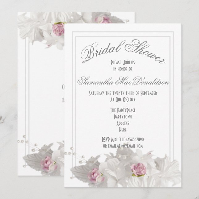 White flowers plain minimal bridal shower invitation (Front/Back)