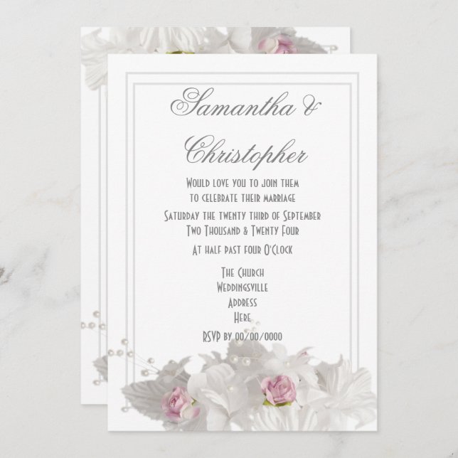 White flowers plain minimal wedding invitation (Front/Back)